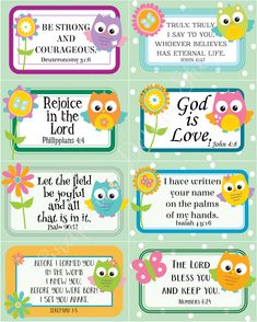 four different bible tags with owls and flowers on them, one saying god is love