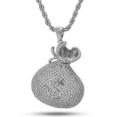 Similar to the original Money Bag comes this Jungl Julz edition that features clear CZ stones to create its studded look, and like its predecessor, includes a hidden stash to store all your goods. Each Studded version includes a matching 24", 4mm rope chain to give this piece its iconic look and feel. The piece is available in 14K Gold plating, white gold plating. Ice Money, Hip Hop Jewelry, Cuban Link Chain, Money Bag, Small Pendant, Snoop Dogg, Rope Chain, Cz Stone, Necklace Designs