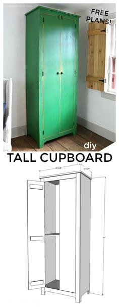 the tall cupboard is green and has two shelves on each side, with one door open