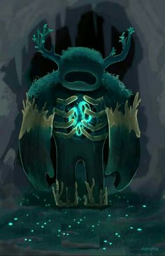 a man standing in front of a giant creature with glowing green eyes and hands on it's chest