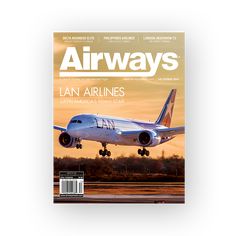 the front cover of an airways magazine with a plane taking off in the background