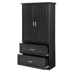 a black armoire with two drawers in front of white background and the bottom drawer open