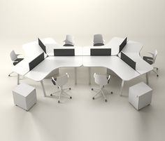 an office desk with several chairs around it