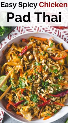 a white bowl filled with pad thai noodles and garnished with cilantro