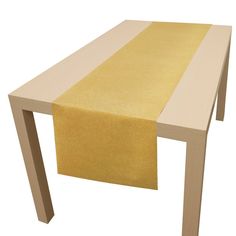 a table that has a yellow and white stripe on it, with a wooden base