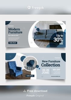 two banners for furniture store with blue and white shapes on the front, one has a couch