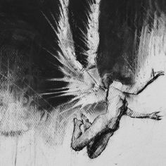 a black and white drawing of a person falling from a bird's wing in the air