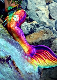 a colorful mermaid sitting on top of a rock