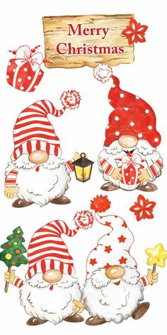 christmas gnomes with santa hats and gifts