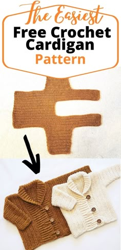 the crochet cardigan pattern is shown in two different colors and has an arrow pointing