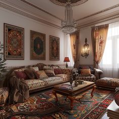 a living room filled with lots of furniture next to a chandelier and window