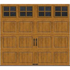 an image of a wooden garage door with windows on the front and side paneling