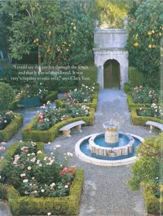 an image of a garden setting with flowers and plants in the center, surrounded by hedges