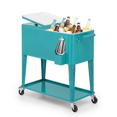 a blue cooler with drinks in it on wheels