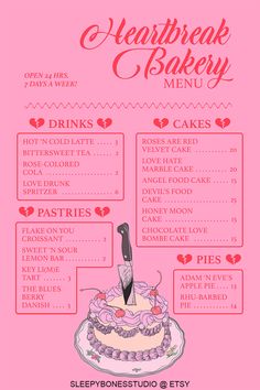 pink bakery menu poster design with hand drawn vintage cake Retro Bakery Design, Retro Bakery Interior, Pastry Menu Design Ideas, Bakery Posters Aesthetic, Kawaii Menu Design, Dessert Menu Design Ideas, Bakery Poster Design Ideas, Bakery Menu Aesthetic