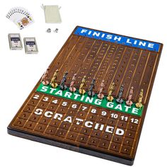 a wooden board game set up with instructions for the start and finish line on it