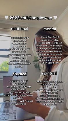 a woman sitting in front of a laptop computer on top of a desk with words written below it