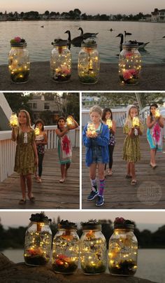 kids are standing on the dock with their lights in mason jars filled with goldfish