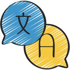 two blue and yellow speech bubbles with chinese characters in the middle one has a cross on it