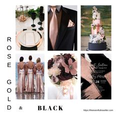 a collage of photos with black and pink wedding colors, including roses, gold, and silver