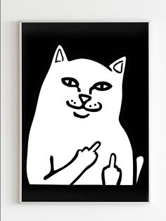 a black and white drawing of a cat giving the finger sign with its index up