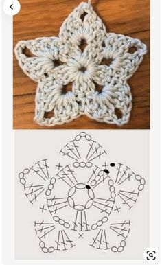 the crochet star is shown on top of a wooden table and below it is an image of how to crochet