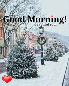 there is a small christmas tree in the middle of this street with words good morning beautiful soul