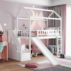 a child's bedroom with a white bunk bed and pink walls, wooden flooring