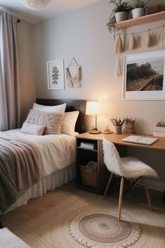 a bedroom with a bed, desk and window