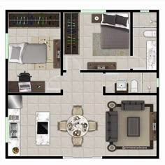 an overhead view of a living room and dining area in a house plan with furniture