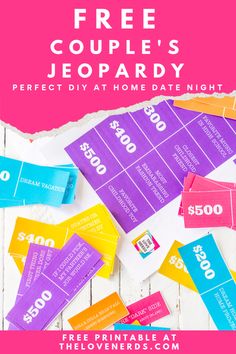 free coupons for jeo party with text overlay that reads, free coupe's jeopary perfect diy at home date night