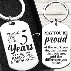 💠 Perfect Gift for Coworkers & Colleagues: Our 5 Year Work Anniversary Keychain is a thoughtful way of showing love to your friends and colleagues! It is a great employee anniversary gifts, employee appreciation gifts, thank you gifts for coworkers, small gifts for staff appreciation, co worker appreciation gifts, appreciate gifts for coworkers, & thank you gifts for women coworkers. 💠 Meaningful Design: Your friends & collegaues will feel loved because of the keychain's meaningful design! It has a high-quality engraving that says "Thank You For 5 Year of Hard Work & Dedication". This is a perfect way of saying "I'm proud of the work you do, the person that you are, & the difference you make." This keychain is also designed to hang keys, rings, etc. and add decoration to bags, backpacks, Small Gifts For Staff, Gifts For Staff Appreciation, 5 Year Work Anniversary, Worker Appreciation Gifts, Coworker Thank You Gift, Thank You To Coworkers, Appreciate Gifts, Gifts Coworkers, Coworkers Gifts