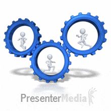 three 3d people running through gears with the words presenter media on top of them