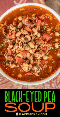 black - eyed pea soup in a white bowl with text overlay