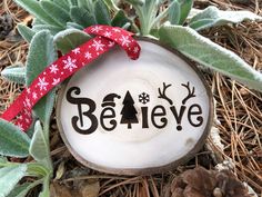 a wooden ornament with the word believe painted on it and a red ribbon