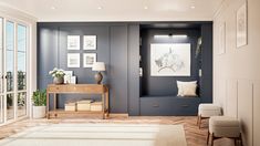 a living room with blue walls and white carpeted flooring on the wooden floor