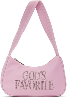 Satin shoulder bag in pink. Crystal-cut text at face. · Fixed shoulder strap · Logo bonded at back face · Zip closure · Canvas lining · H5.5 x W9 x D2.5 in Supplier color: Pink Rhinestone Bag, Girly Bags, Satin Bags, Luxury Purses, Pink Purse, Pretty Bags, Everything Pink, Cute Bags, Pink Bag