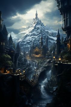 a fantasy castle with a waterfall in front of it and a mountain range behind it