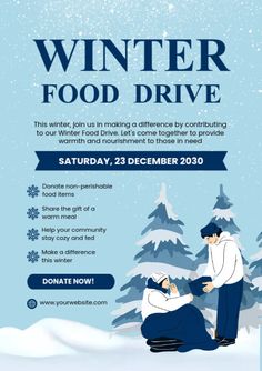 winter food drive flyer with two people sitting on the snow covered ground and trees in the background