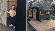 two pictures side by side, one with a shed and the other with a woman standing outside