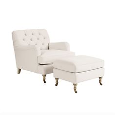 a white chair and footstool sitting next to each other on a white background