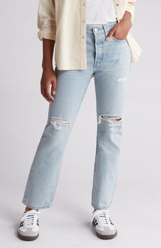 Made from faded nonstretch denim, these iconic 501 jeans feature a high waist, full-length straight legs and ripped knees for effortlessly cool style. Button fly Five-pocket style 100% cotton Machine wash, tumble dry Imported High Waist Straight Leg Jeans, 501 Jeans, Levi's 501, Straight Leg Jeans, Leg Jeans, Levi's, Cool Style, Denim Jeans, Full Length