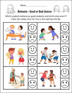 behavior good or bad choices worksheet for students to practice their feelings and feelings