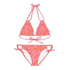 Zebra Bikini Neon Pink and Orange, triangle strappy bikini set side tie, removable padding, assembled in USA. Made with 4-way stretch Tricot (82% Microfiber, 18% Spandex), this strappy bikini set is the perfect companion to all summer escapades. Adjustable elastic straps for a perfect fit. Trendy and vibrant neon print fits just perfect into your summer plans! - Material: 82% microfiber polyester, 18% spandex - Medium fabric (7.5 oz /yd² (250 g/m - Two piece swimsuit - Adjustable elastic straps Beachwear Triangle Swimwear With Adjustable Straps, Pink Triangle Top Swimwear With Straps, Strappy Swimwear With String Tie For Beach, Strappy String Tie Swimwear For Beach, Pool Swimwear With Tie-side Bottom And Straps, Triangle Swimwear With Adjustable Straps For Beach Season, Tie-side Bottom Swimwear With Straps For Pool, Adjustable String Tie Swimwear For Swimming, Pink Triangle Swimwear