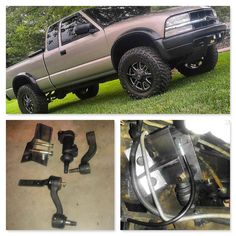 there are four different pictures of the same truck and parts in this photo, one is an off - road vehicle