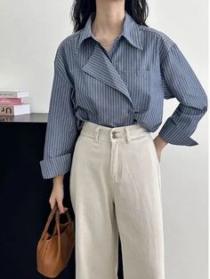 Large Lapel Collar Long Sleeve Striped Office Shirt - SHExFAB Work Ootd, Fancy Office, Winter Typ, Spring Summer Autumn Winter, The Office Shirts, Chic Top, Party Dress Short, Striped Long Sleeve Shirt, Shirts For Women