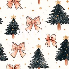 christmas trees with bows and gold stars on white background for wallpaper or fabric design