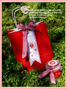 a red bag with a strawberry on it sitting in the grass