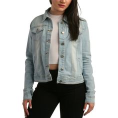 Elevate your look with this stylish women's denim jacket featuring a button-down front, pockets, and a versatile design perfect for any season. Size: M.  Color: Multicolor.  Gender: female.  Age Group: adult. Trendy Light Wash Button-up Outerwear, Spring Button-up Denim Jacket With Buttoned Pockets, Trendy Cotton Denim Jacket With Button Closure, Light Wash Denim Button-up Jacket With Snap Buttons, Light Wash Snap Button Denim Jacket, Light Wash Denim Snap Button Jacket, Spring Button-up Denim Vest With Snap Buttons, Trendy Medium Wash Button-up Denim Jacket, Casual Denim Jacket With Buttons