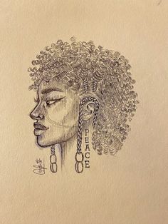 a drawing of a woman's face with curly hair and earrings on her head